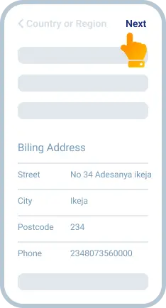 Step 8: Fill in the address fields as shown. Select None from the list of payment methods, then Next
